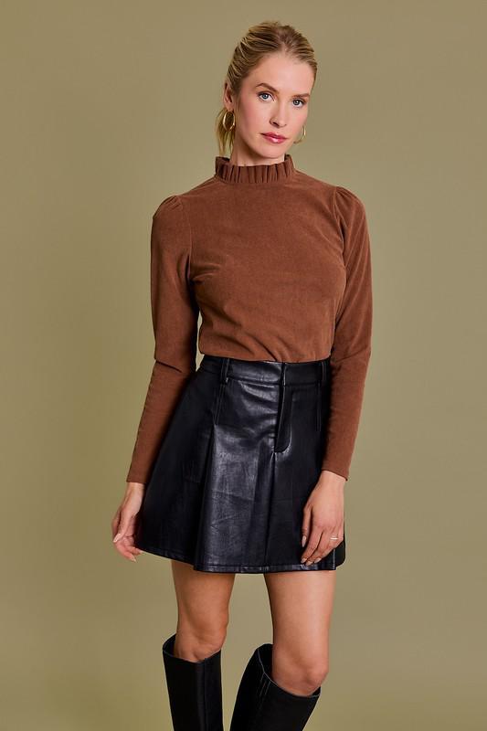 Long Sleeve Frill Neck Corduroy Top