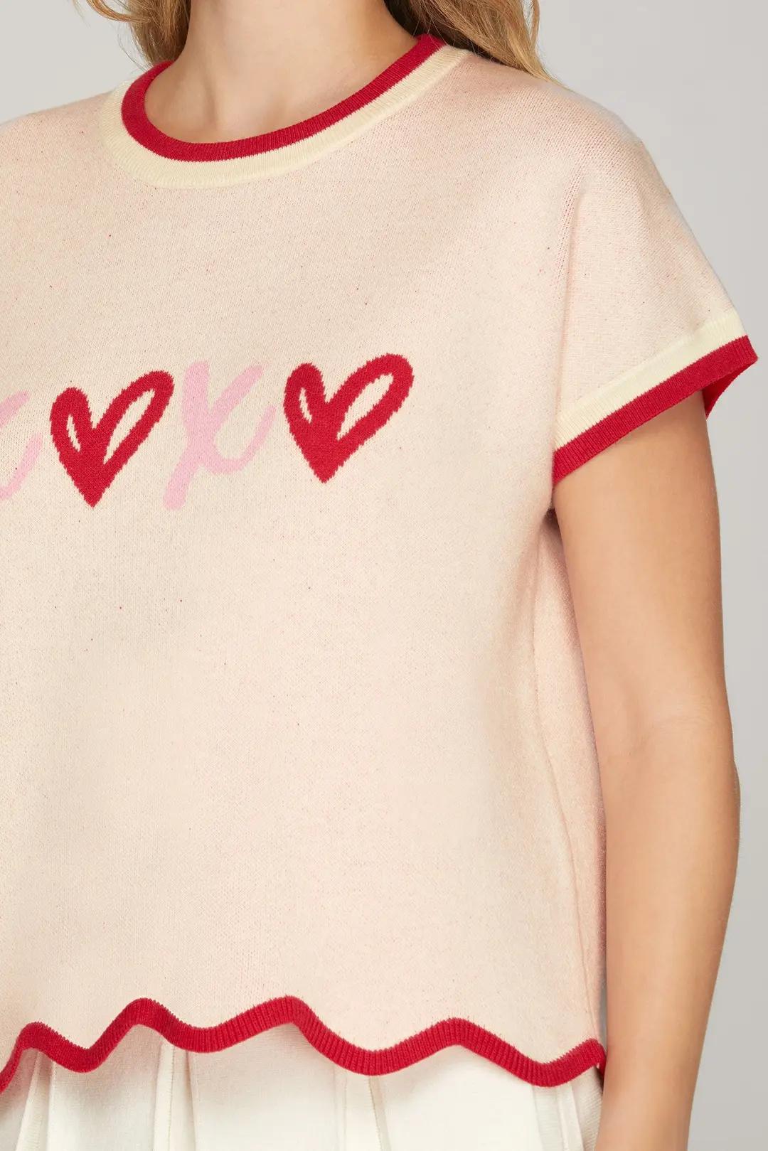 Drop Short Sleeve Scallop Hem XOXO Knit Sweater Top with Contrast Edge