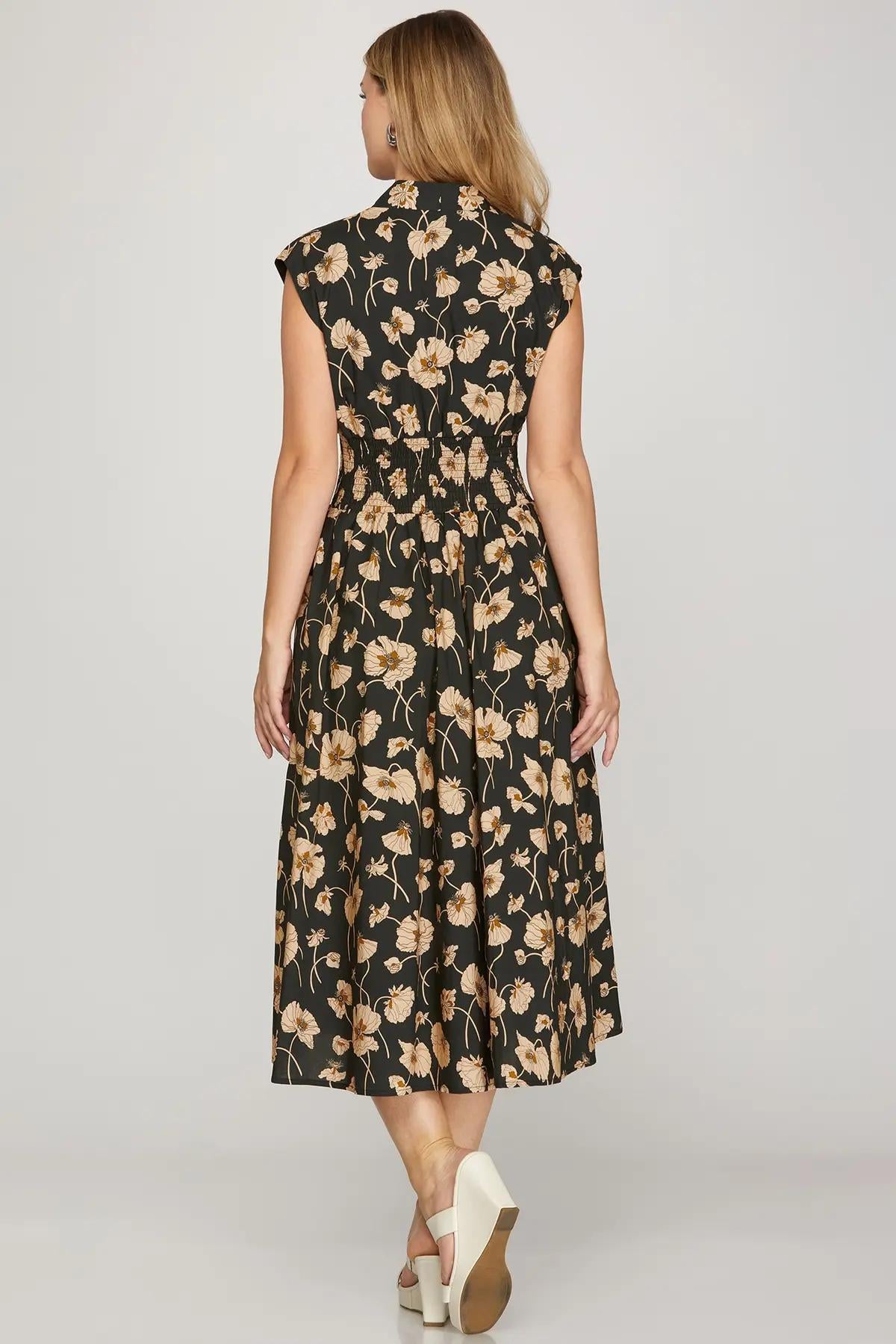 Drop Shoulder Smocked Waist Front Zip Printed Midi Dress with Pockets