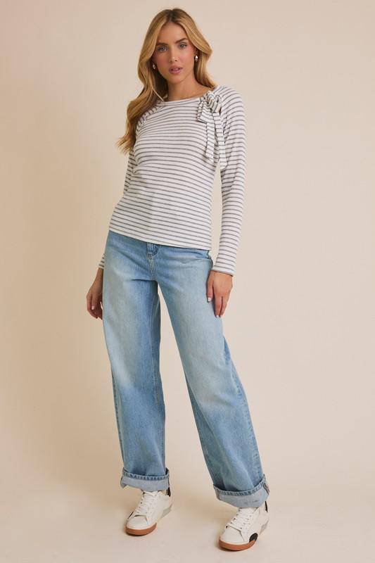 Round Neck Tie Detail Long Sleeve Stripe Top