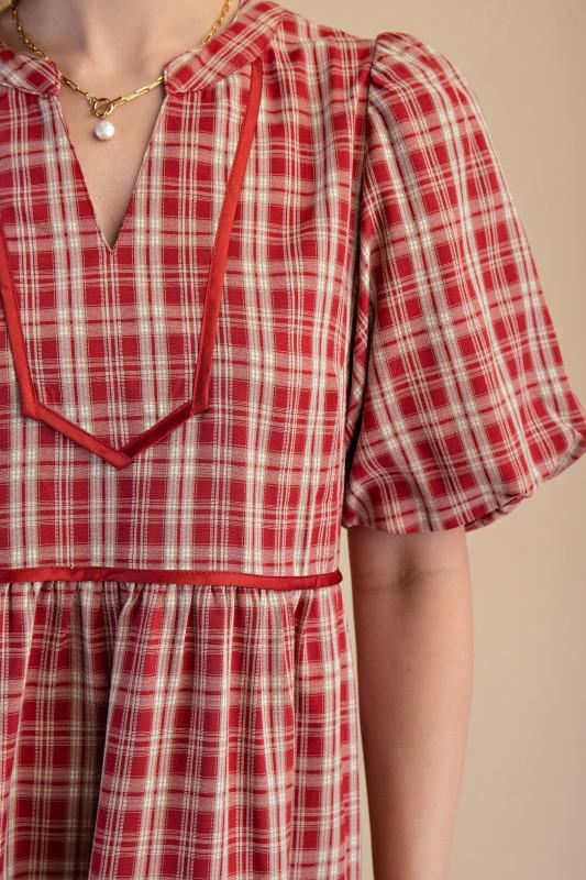 Plaid Tiered Puff Sleeve Mini Dress