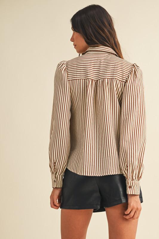 Stripe Scallop Trim Detail Puff Sleeve Blouse