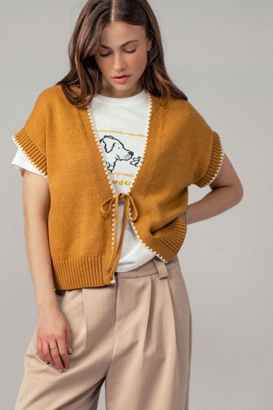 Boho Crochet Knit Vest Casual Top With Tie Front