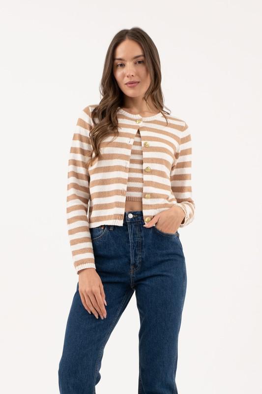 Stripe Round Neck Button Down Cardigan Sweater