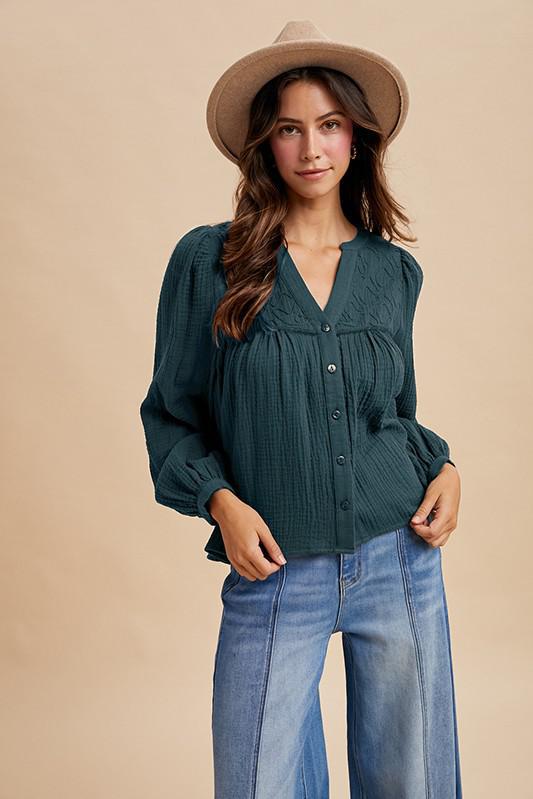 Embroidered Yoke Cotton Gauze Babydoll Blouse