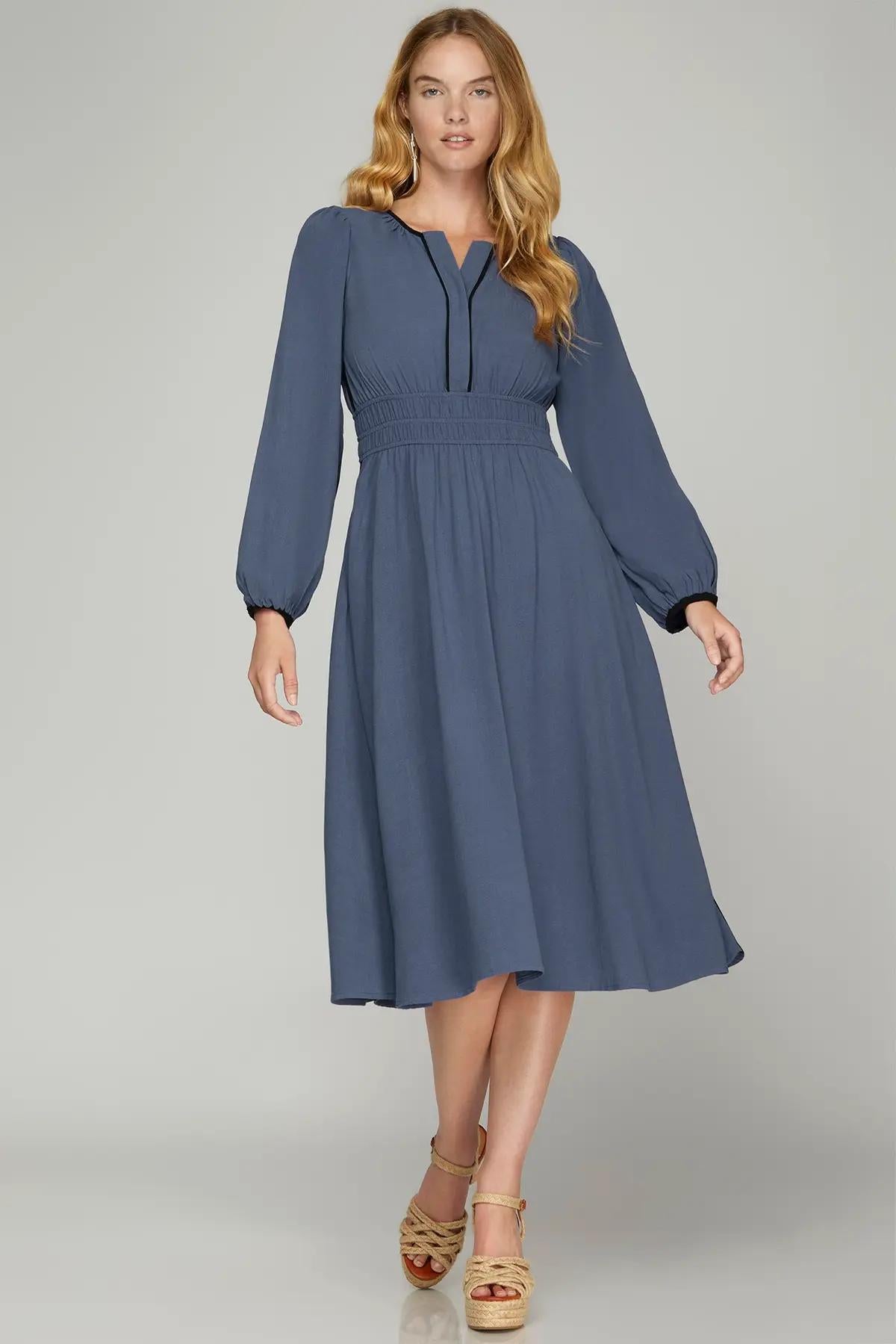 Long Sleeve Woven Ruched Waist Midi Dress with Contrast Binding and Pockets
