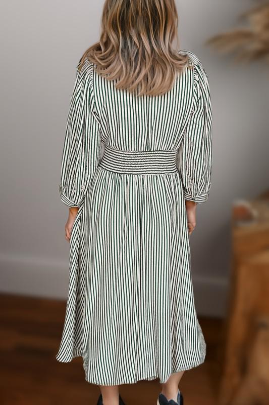 Stripe Zip Front Cinched High Waist Midi Dress
