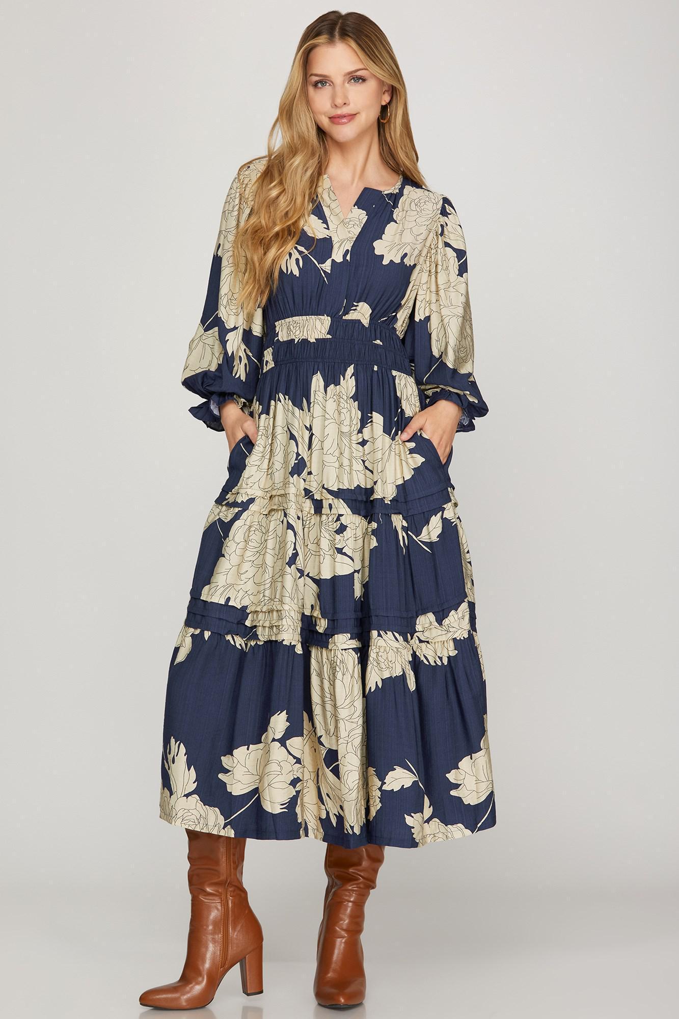 3/4 Sleeve Pintuck Tiered Floral Midi Dress