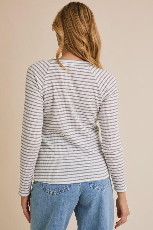Round Neck Tie Detail Long Sleeve Stripe Top