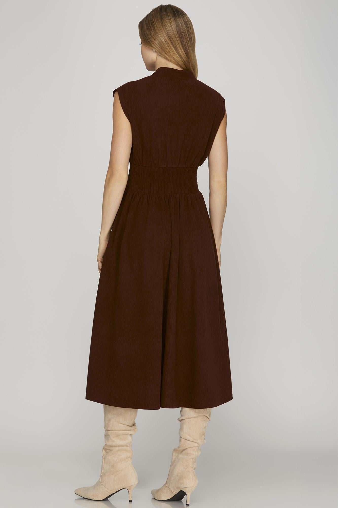 Drop Shoulder Smocked Waist Corduroy Midi Dress