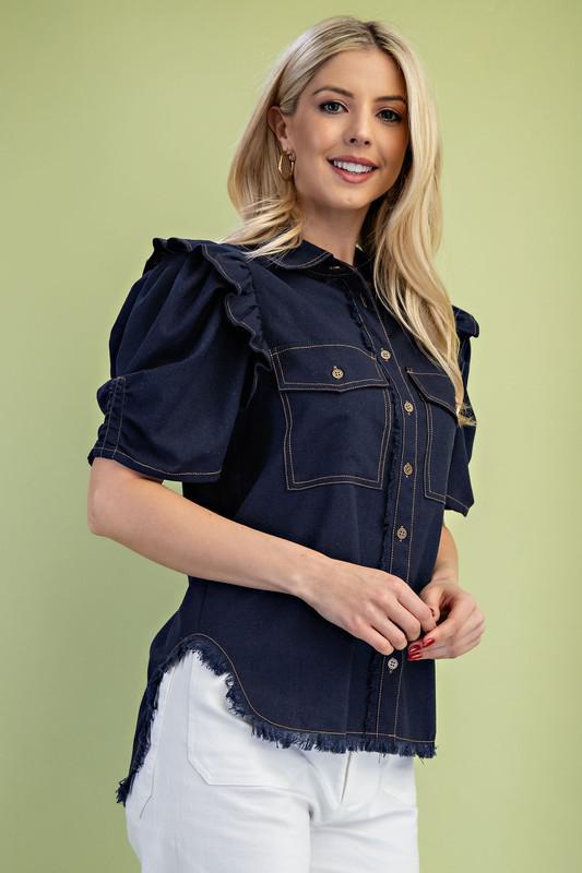 Ruffled Gathered Sleeve Linen Button-Up Shirt Top