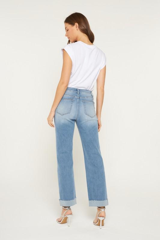 High Rise Straight Leg Jeans with Cuffed Hem
