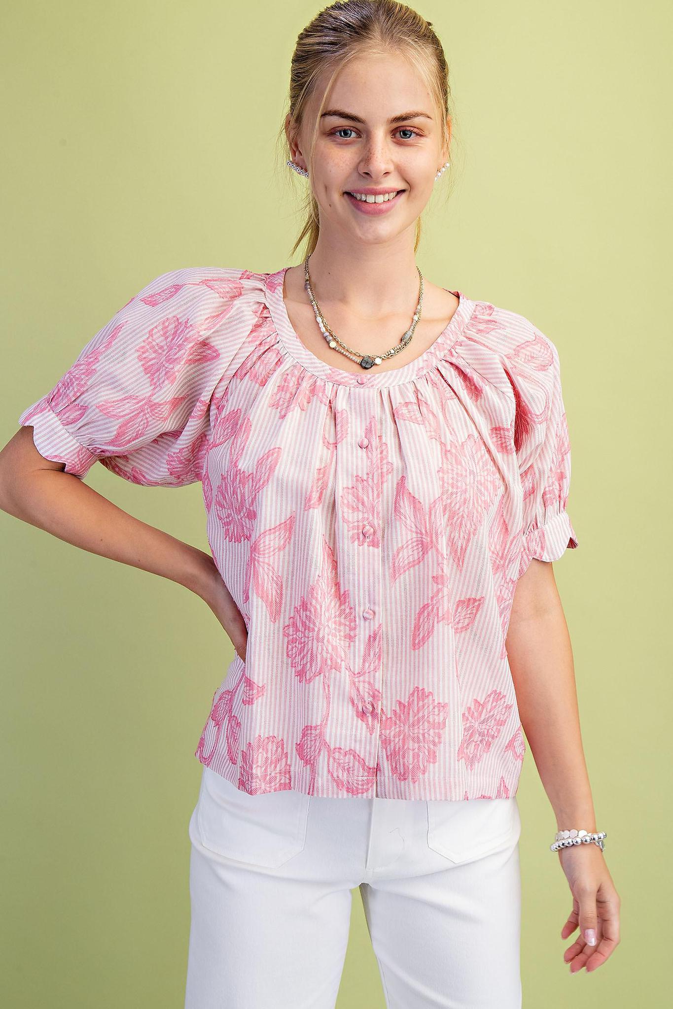 Striped Floral Round Neck Blouse with Covered Buttons and Scalloped Arms