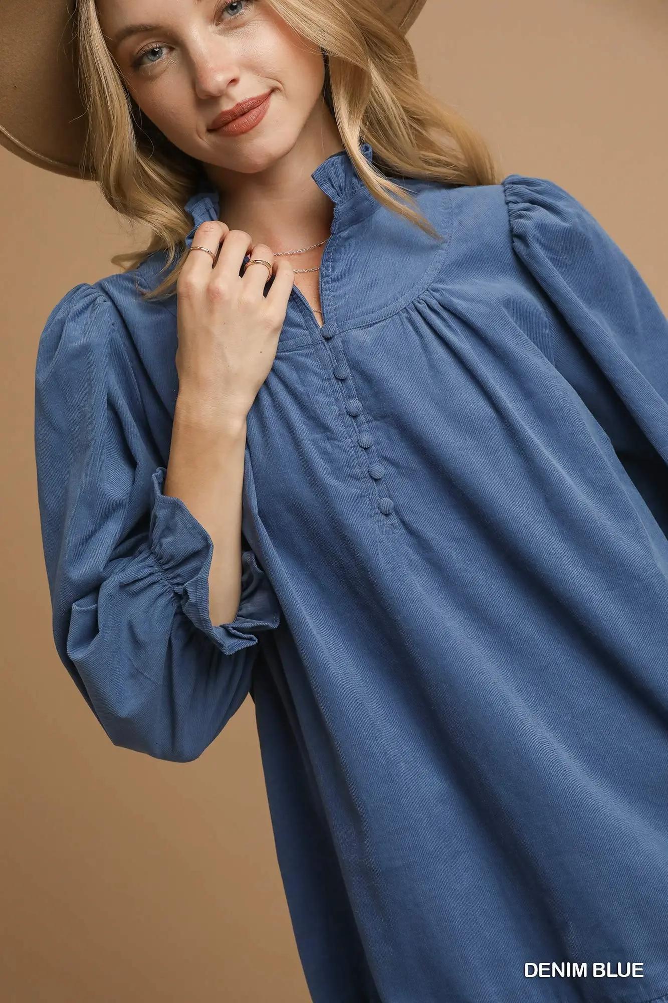 Corduroy Puff Sleeve Tiered Mini Dress