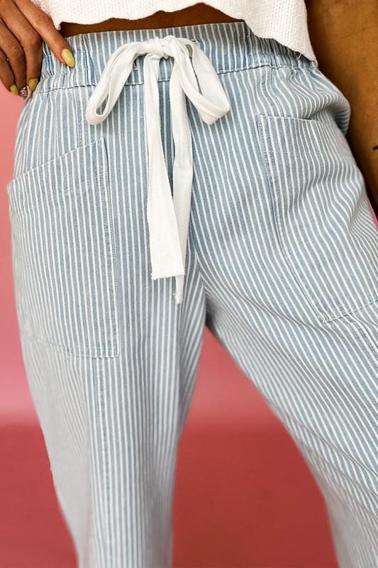 Stripe Drawstring Straight Loose Denim Pants