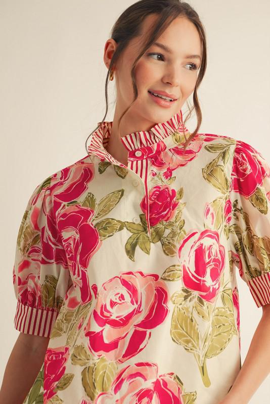 Ruffled Mock Neck Floral Top
