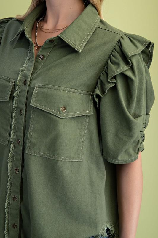 Ruffled Gathered Sleeve Linen Button-Up Shirt
