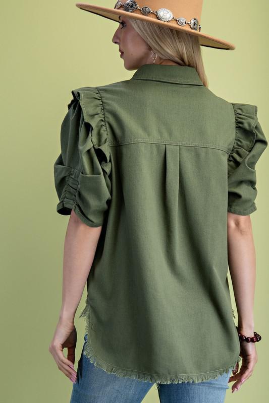 Ruffled Gathered Sleeve Linen Button-Up Shirt