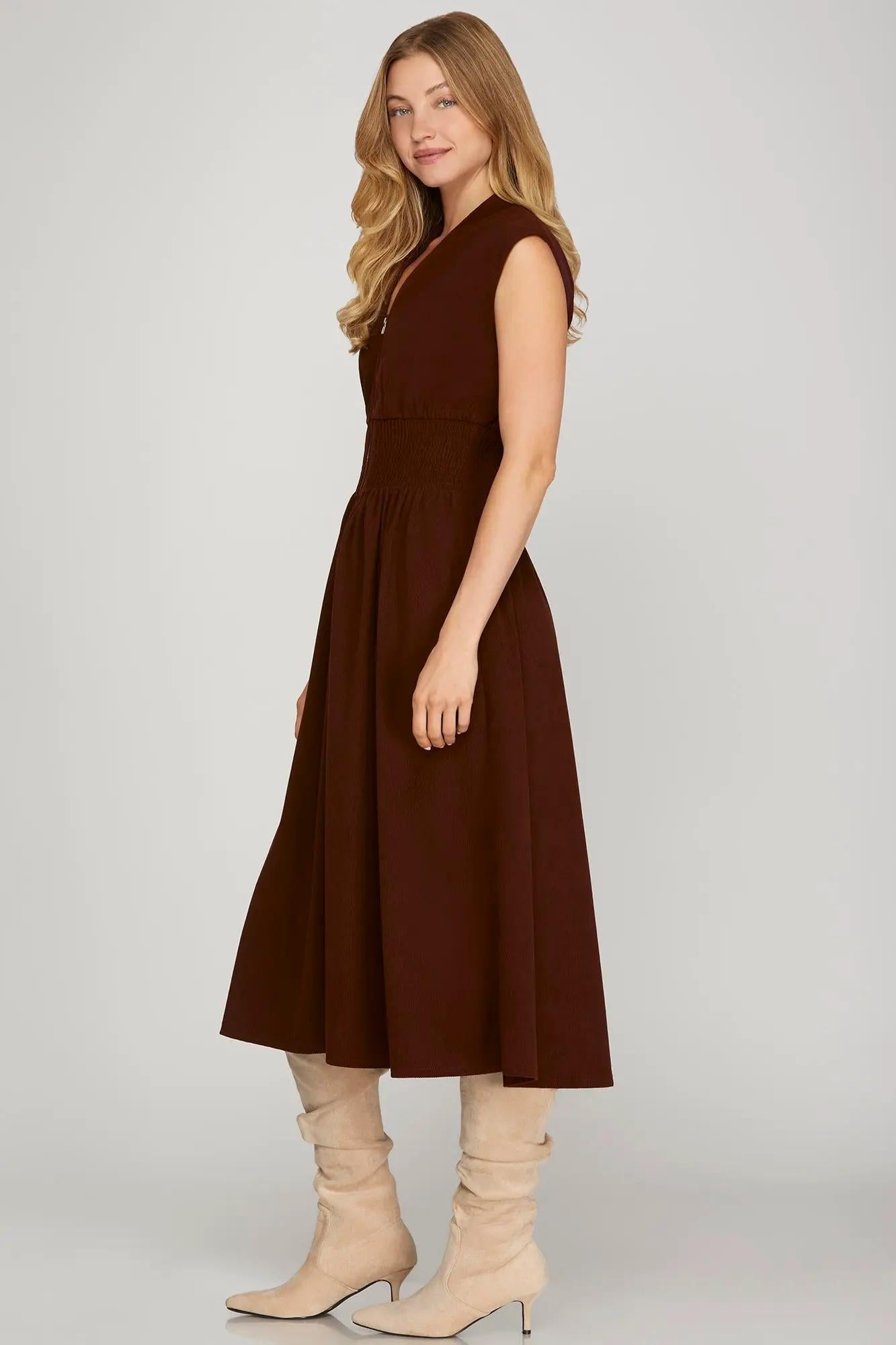 Drop Shoulder Smocked Waist Front Zip Corduroy Midi Dress
