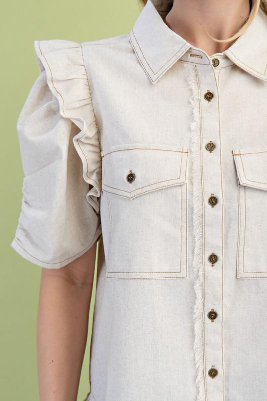 Ruffled Gathered Sleeve Linen Button-Up Shirt Top