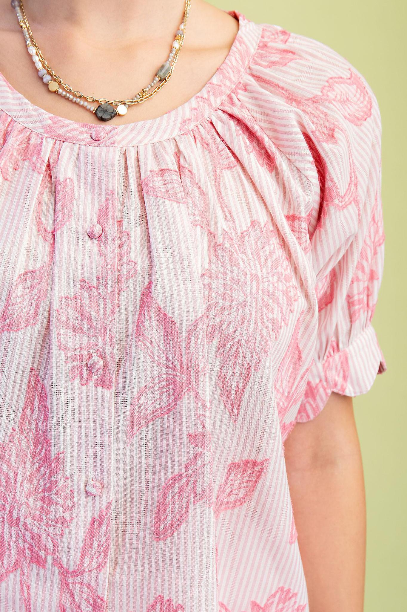 Striped Floral Round Neck Blouse with Covered Buttons and Scalloped Arms