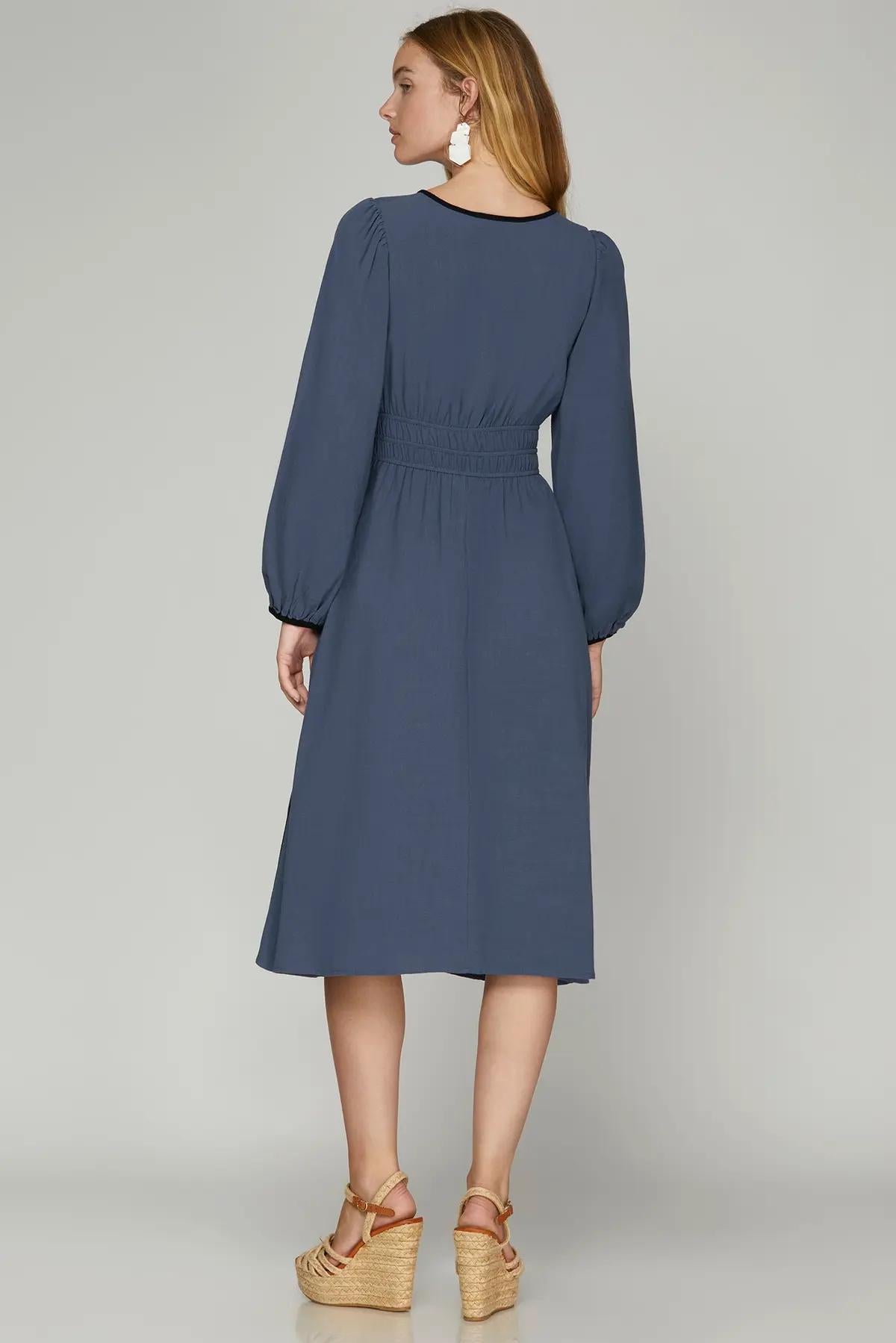 Long Sleeve Woven Ruched Waist Midi Dress with Contrast Binding and Pockets