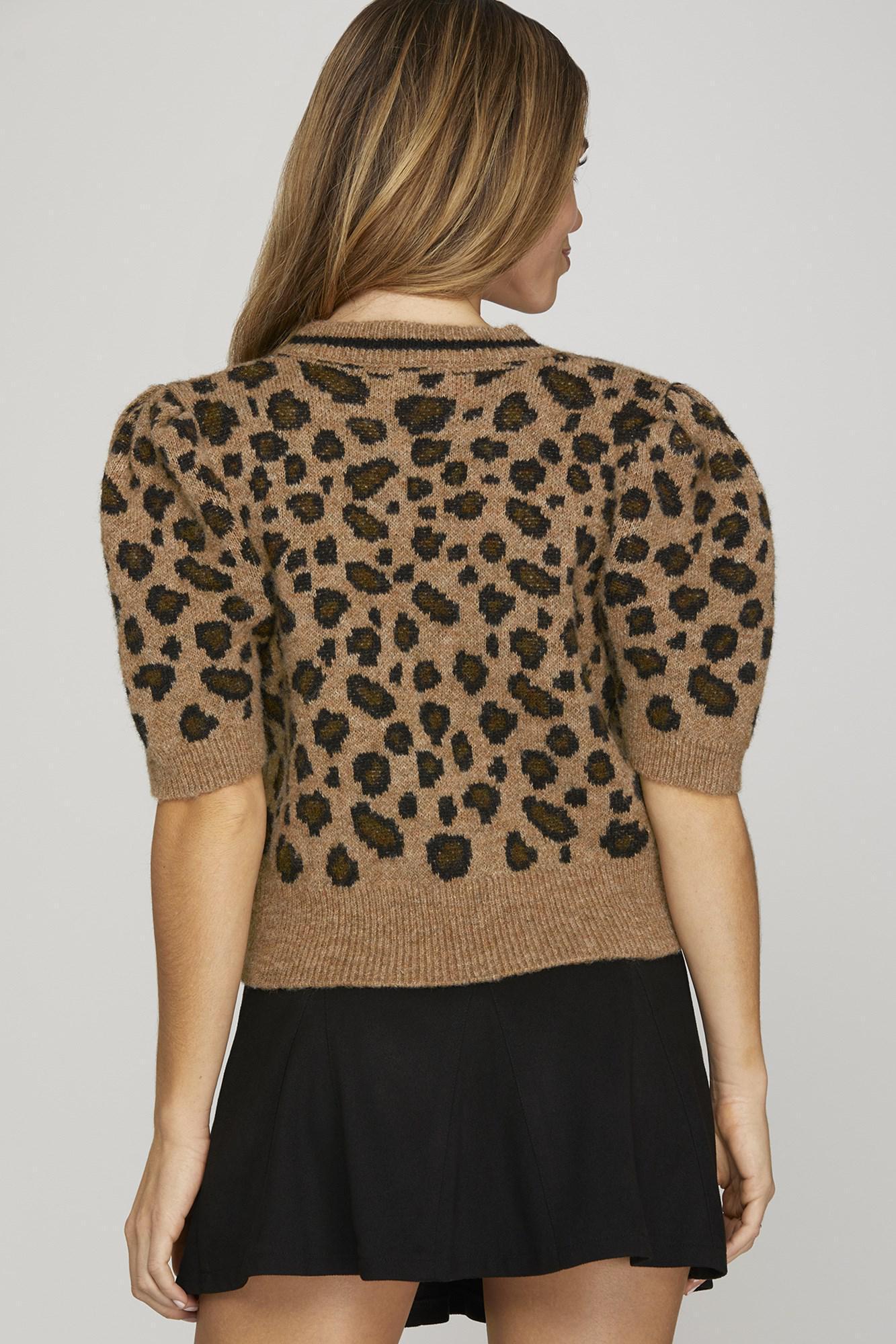 Puff Sleeve Bow Front Leopard Cropped Cardigan