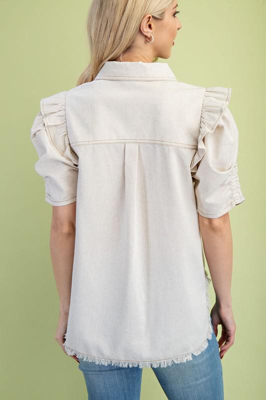 Ruffled Gathered Sleeve Linen Button-Up Shirt Top