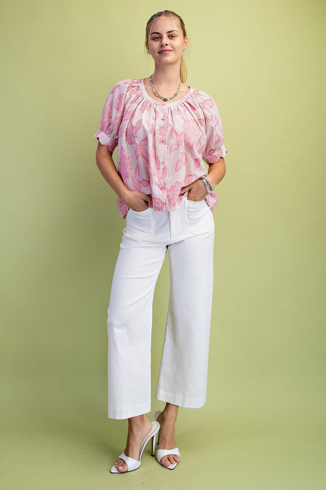 Striped Floral Round Neck Blouse with Covered Buttons and Scalloped Arms