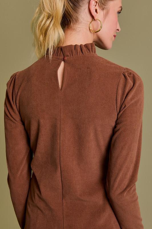 Long Sleeve Frill Neck Corduroy Top