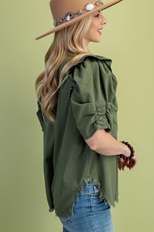 Ruffled Gathered Sleeve Linen Button-Up Shirt Top