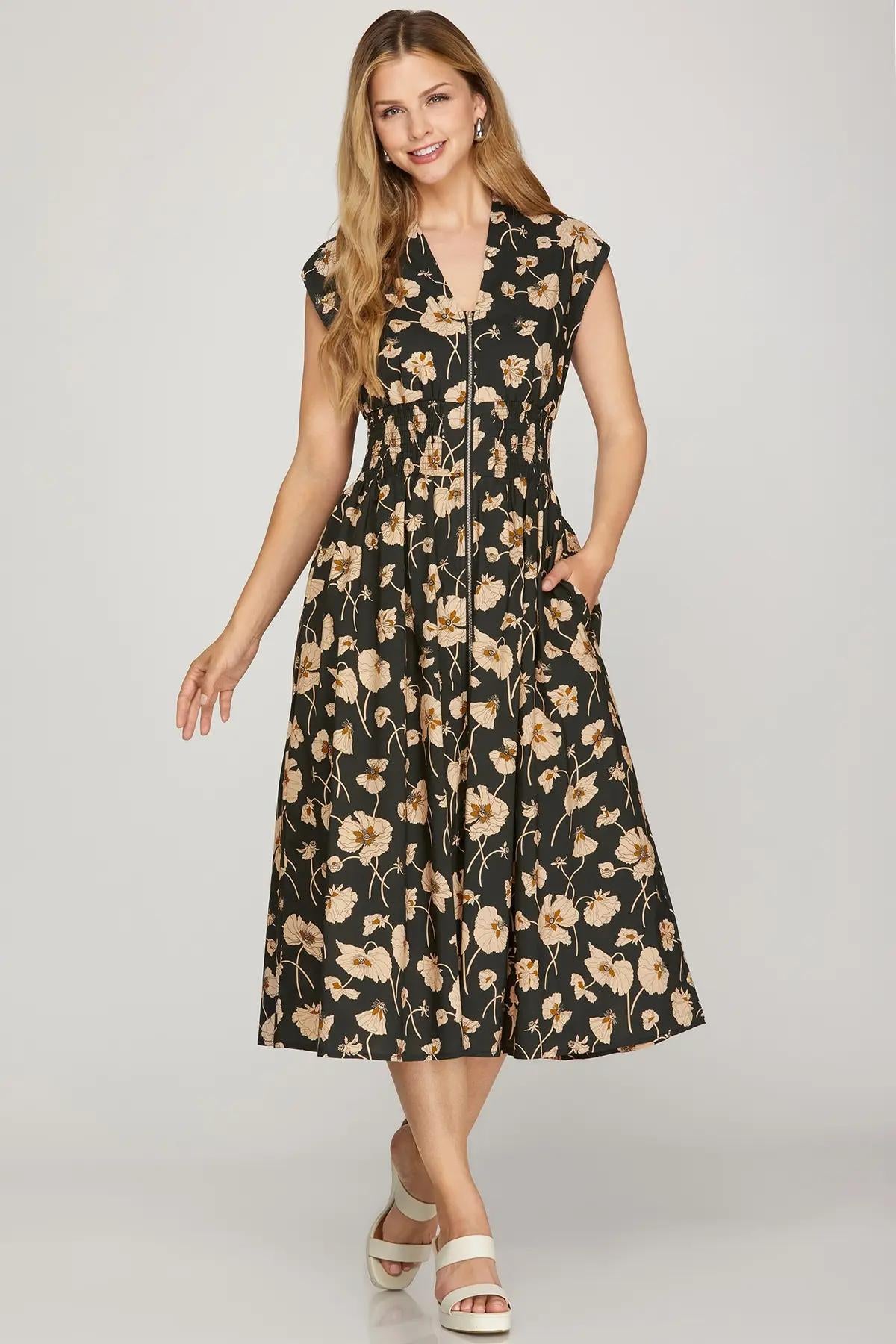 Drop Shoulder Smocked Waist Front Zip Printed Midi Dress with Pockets