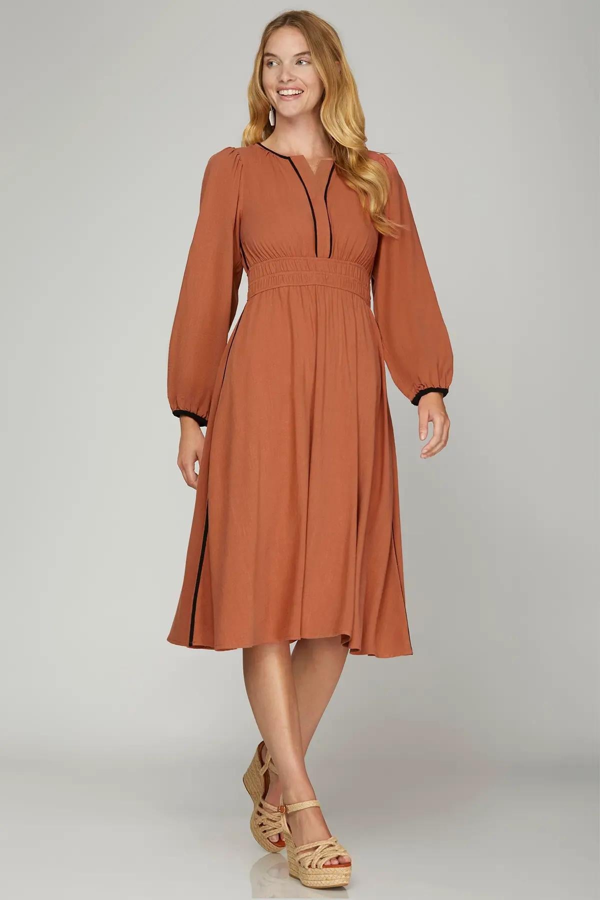 Long Sleeve Woven Ruched Waist Midi Dress with Contrast Binding and Pockets