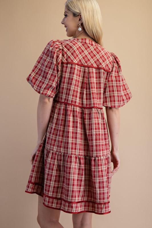 Plaid Tiered Puff Sleeve Mini Dress