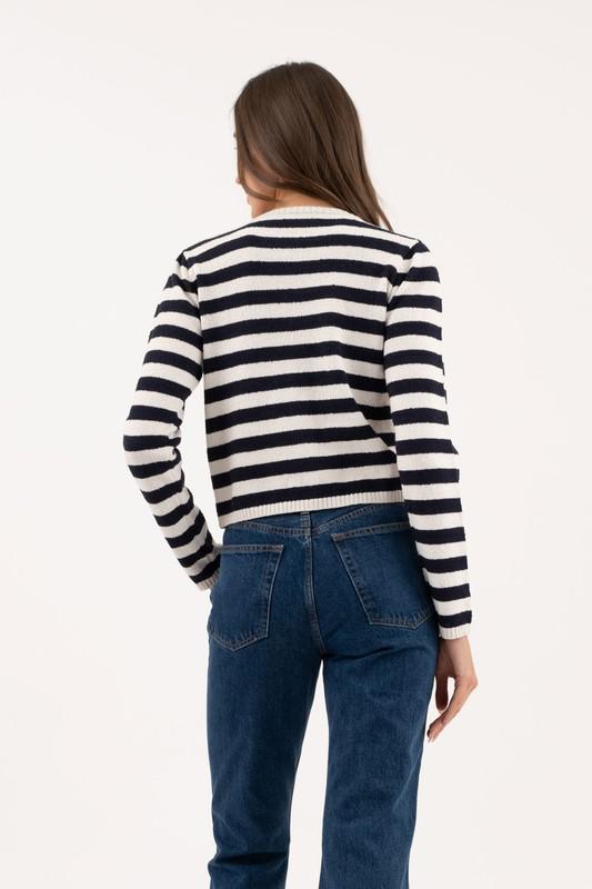 Stripe Round Neck Button Down Cardigan Sweater