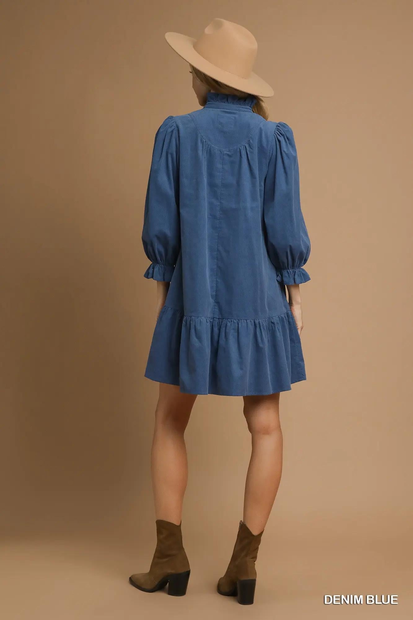 Corduroy Puff Sleeve Tiered Mini Dress