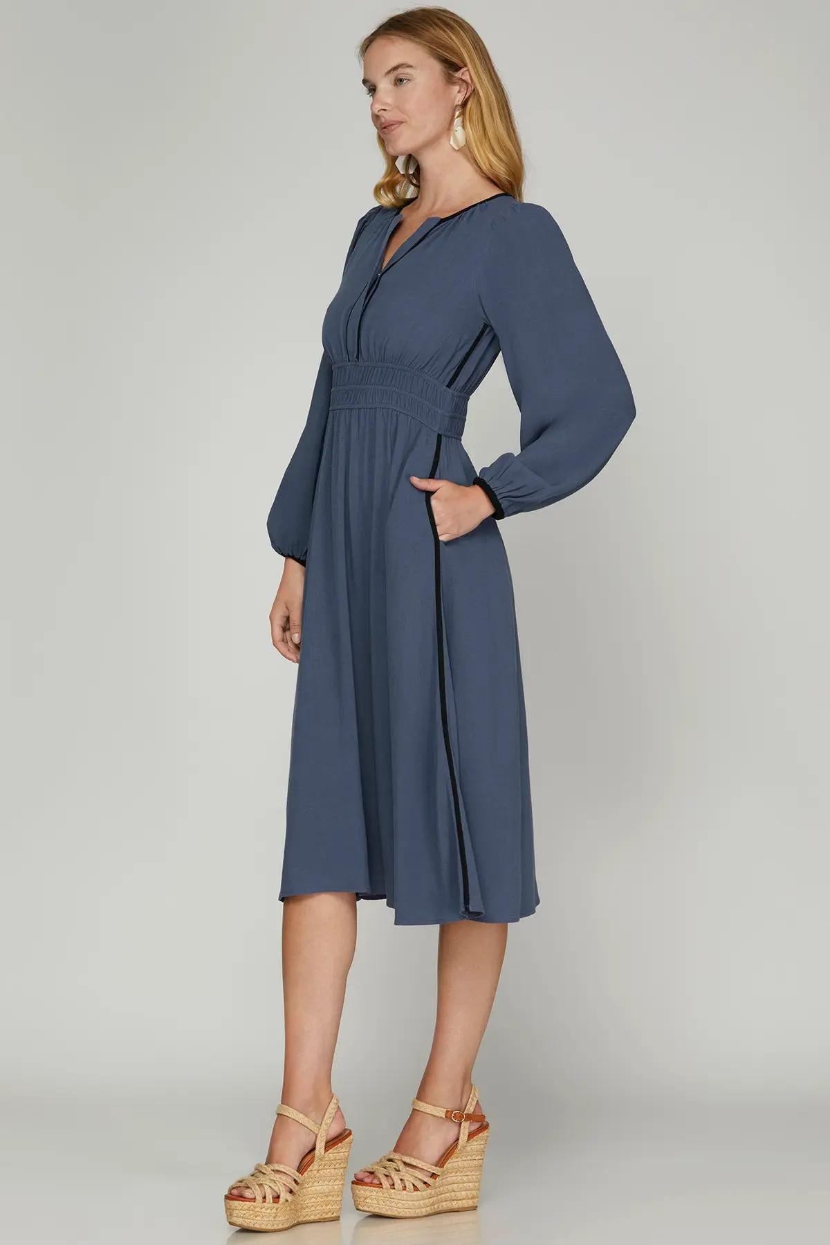 Long Sleeve Woven Ruched Waist Midi Dress with Contrast Binding and Pockets