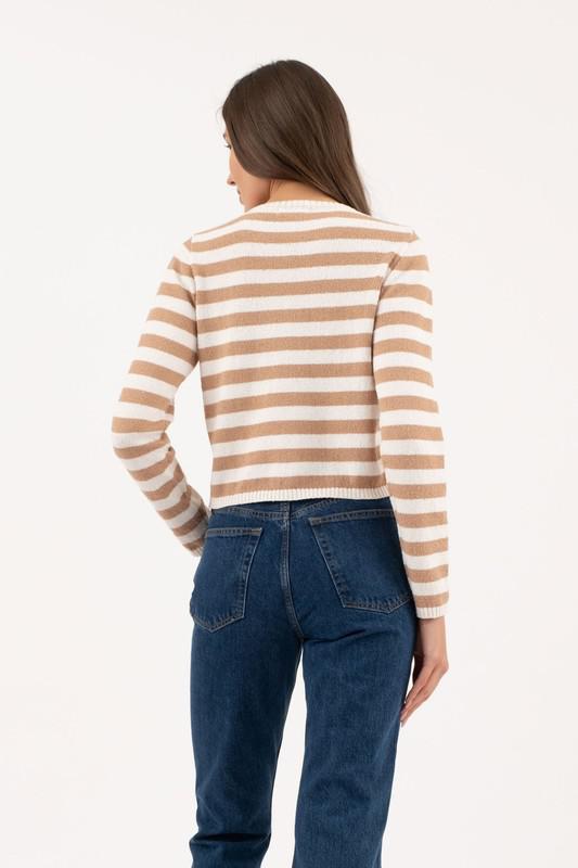 Stripe Round Neck Button Down Cardigan Sweater