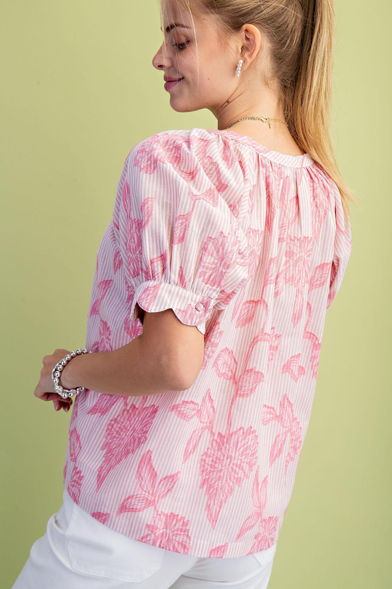 Striped Floral Round Neck Blouse with Covered Buttons and Scalloped Arms