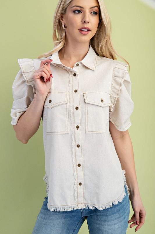 Ruffled Gathered Sleeve Linen Button-Up Shirt Top