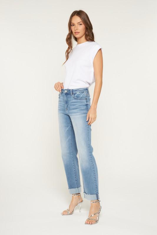 High Rise Straight Leg Jeans with Cuffed Hem