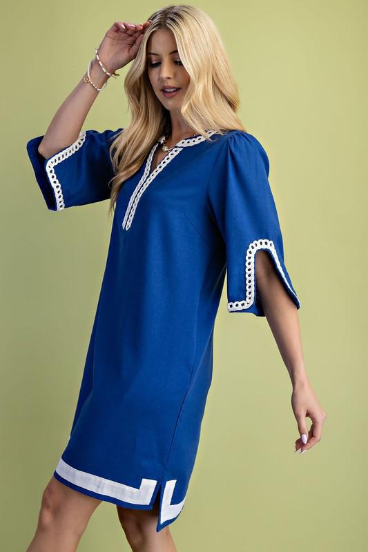 3/4 Sleeve Linen Notch Neck Dress
