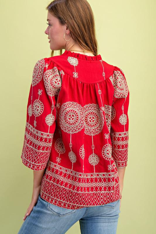 Metallic Embroidered V-Neck Blouse
