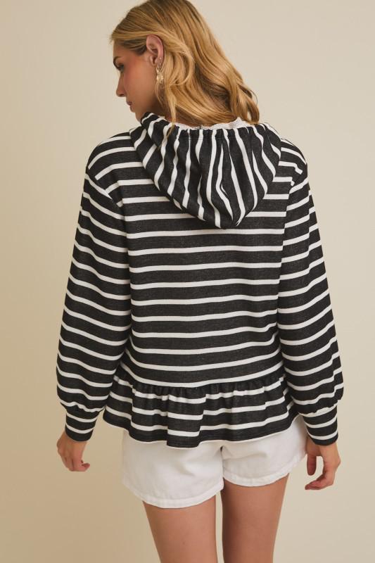 Drawstring Long Sleeve Ruffle Hem Stripe Hoodie