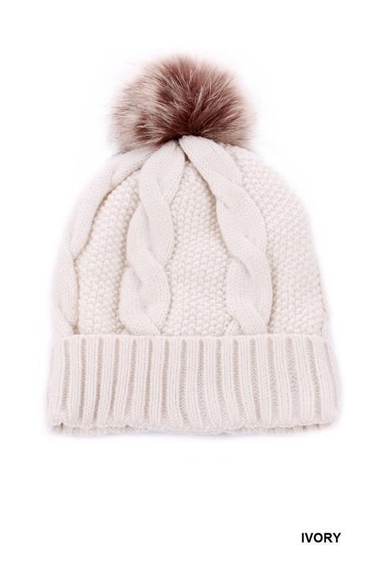 Cable Knit Pom Pom Lined Beanie
