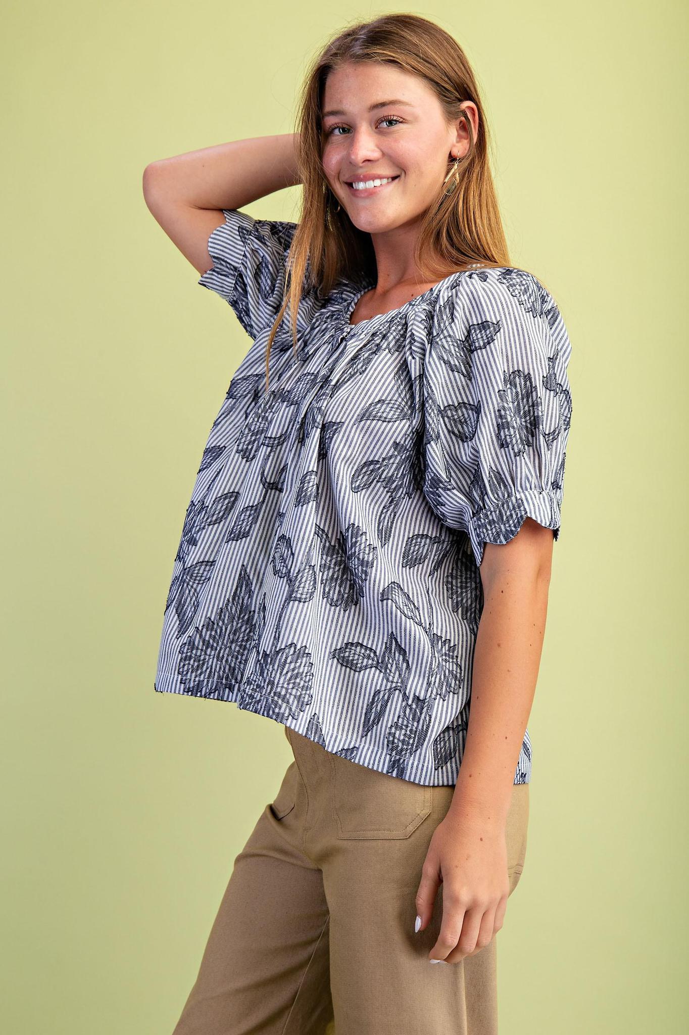 Striped Floral Round Neck Blouse with Covered Buttons and Scalloped Arms