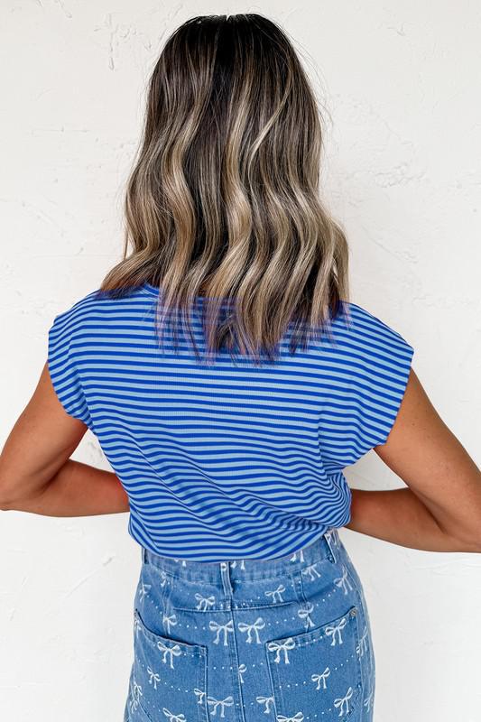 Stripe Ribbed Cap Sleeve Round Neck T-Shirt