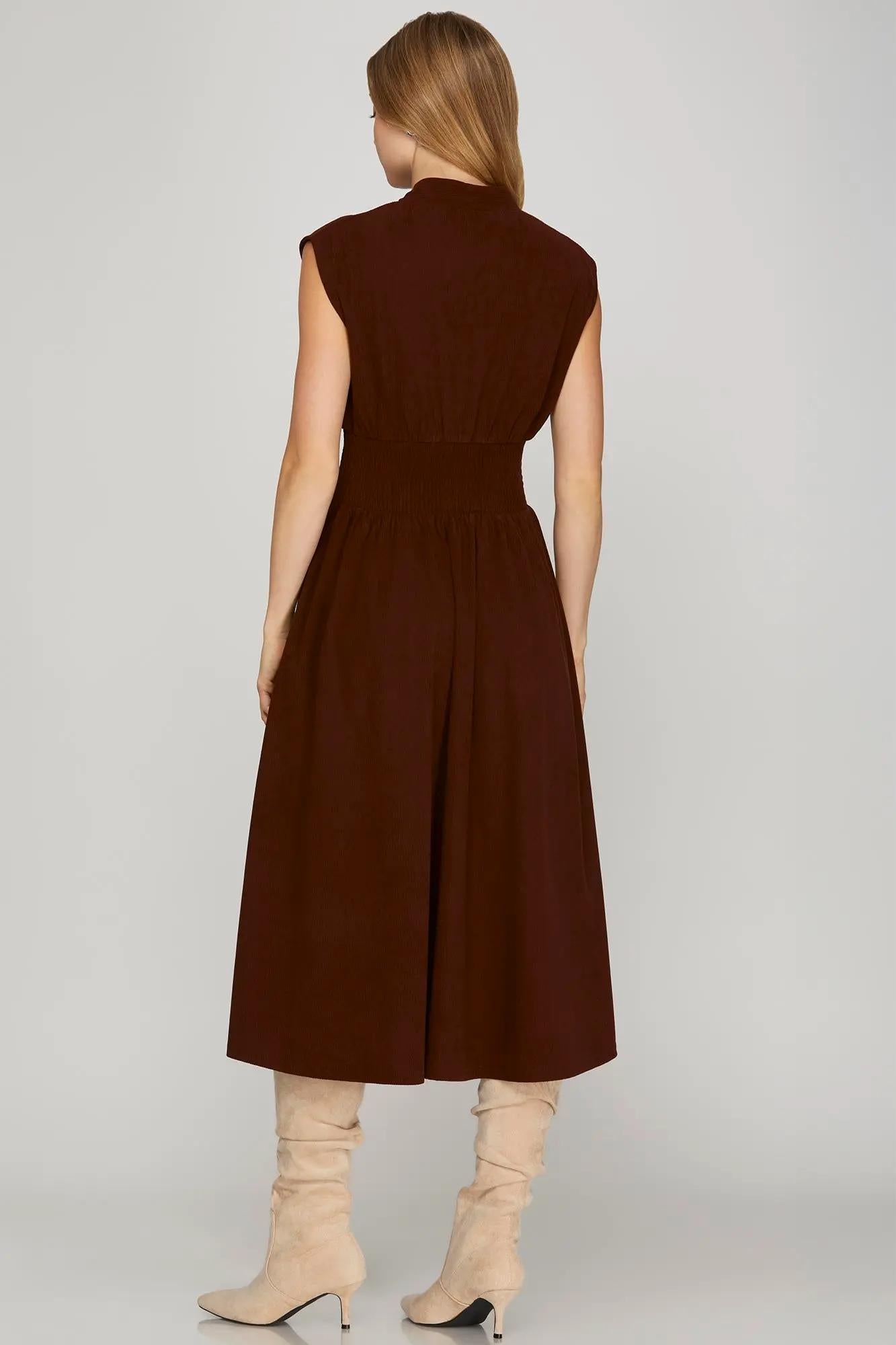 Drop Shoulder Smocked Waist Front Zip Corduroy Midi Dress
