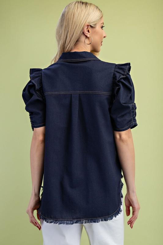 Ruffled Gathered Sleeve Linen Button-Up Shirt Top