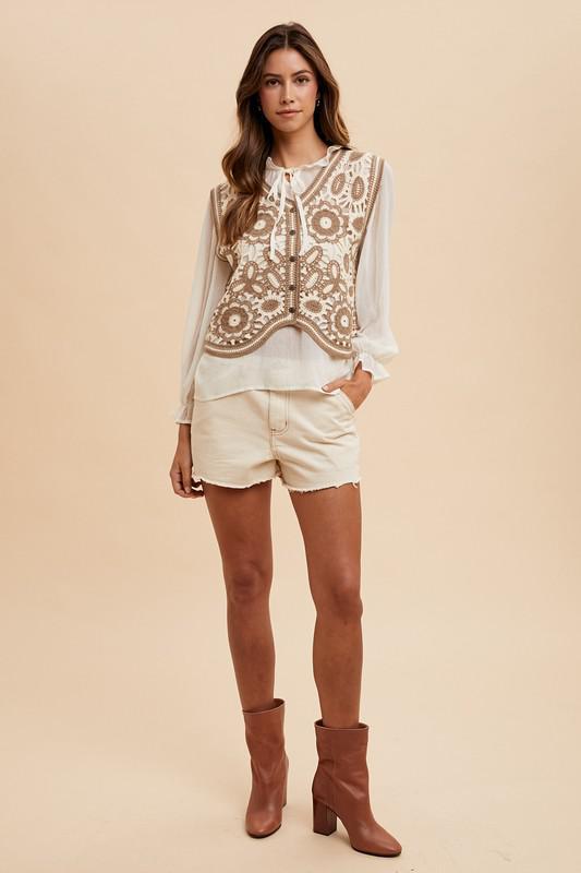 Crochet Sweater Vest & Chiffon Blouse Set